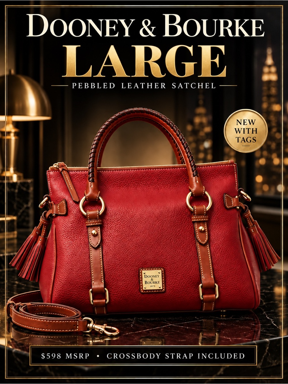 New Dooney & Bourke LARGE Crimson Pebbled Leather Satchel NWT $548 MSRP